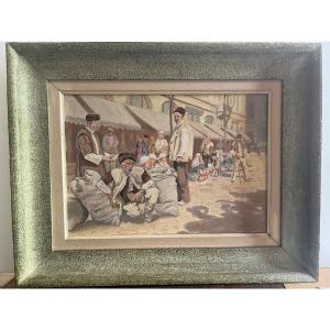 Painting, The Lively Market Signed Illegible, Comic Book