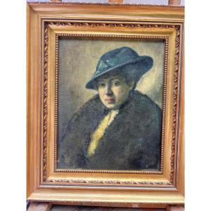 Painting Portrait Of Woman, Fur And Hat, Very Good Quality. 