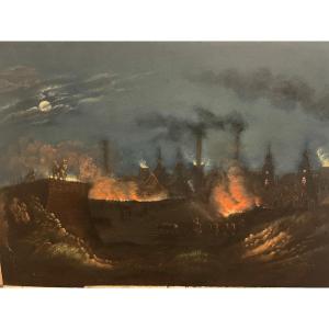 German School Painting Night View Of The Dilligen Blast Furnaces, Circa 1840, Pastel.