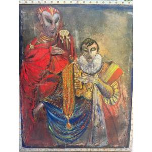 Faust Mephisto Painting, Oil On Wood Framed In Metal, Verso Harry Clarke