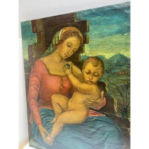 Painting Virgin And Child, Oil On Canvas 19th Century. 