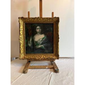 Painting Elegant Woman Oil On Metal, 18th Century, Craquelle. Restored In 1937.