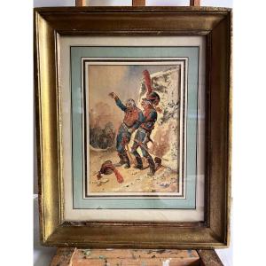 Painting, Two Drunken Soldiers, Watercolor Signed Illegibly, Inscription On The Back. 