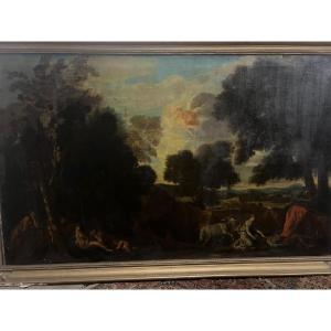 Painting Animated Landscape In The Forest, Oil On Canvas, 19th Century. 