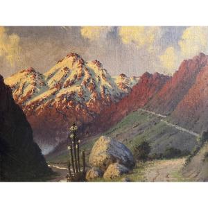 Illegible Signed Painting, Mountains And Cacti, Oil On Canvas. 
