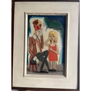 Painting Signed Silvo Pinto, Clown And Sad Little Girl, Brazilian School. 
