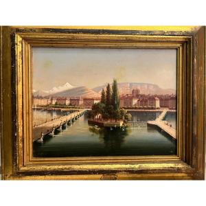 Painting Rousseau Island Geneva, Monogram Lower Left, Ht.