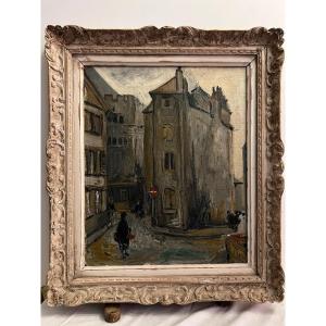 Busy Street Painting, Wooden Frame, Sculpted, Oil On Canvas. 