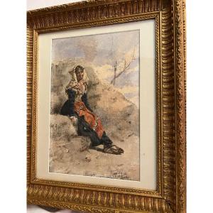 Beautiful Italian Watercolor Painting Signed Illegibly.