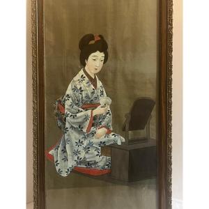 Japanese School Painting, Woman Applying Makeup, Painter On Fabric. 