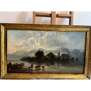 Painting Lake Landscape German School Signed Illegible Writing On The Back, Oil On Canvas. 