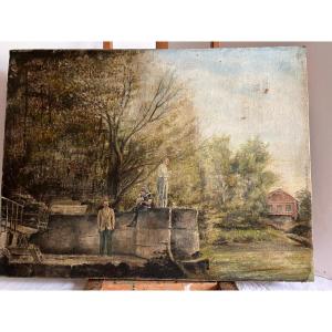 Painting, Figures Observing A Fisherman, Illegibly Signed. To Be Restored. 