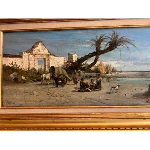Painting Stop At The Oasis Signed, Jean d'Alheim.