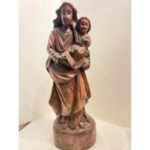 Antique Wooden Religious Sculpture Of The Virgin And Child, Glass Eyes. 