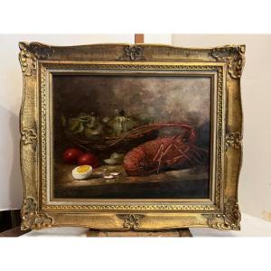 Painting Signed Leroy, Still Life, Lancouste, Egg And Salads. 