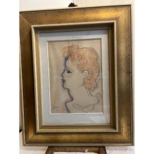 Painting Signed Jean Cocteau Drawing Color Pencil 20th Century. 