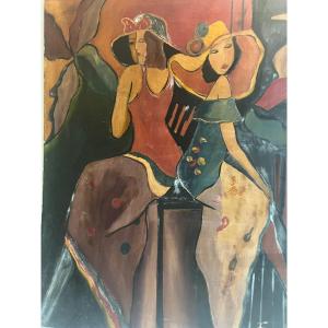 Painting The Elegant Signed Illegible Oil On Cardboard. 