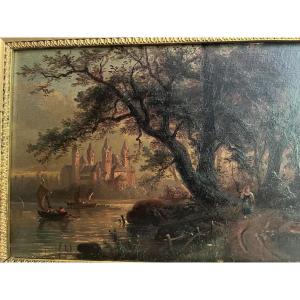 Painting Landscape Located Speyer On The Banks Of The Rhine Signed Georg Maria Erkert 1828-1903