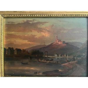 Painting Signed Georg Maria Erkert 1828-1903 Landscape Located On The Neckar
