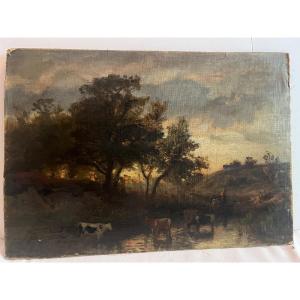 Painting Herd In The Countryside Oil On Canvas Mounted 