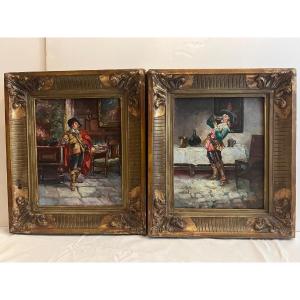 Paintings Pair Of Musketeers Signed F. Roybet Oil On Wood