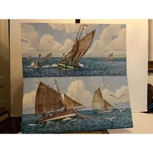 Paintings 2 Plates By Carlage Hand-painted Glued On Wood Breton Fishermen 