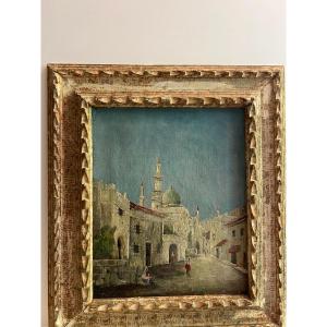 Orientalist Painting Signed Illegible Frame Sculpted Wood.