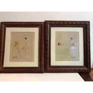2 Orientalist Paintings Signed Margueritte Delormé 1876-1946, Etching On Paper. 