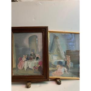 2 Paintings Of Lovers Before And After The Meal, Gouache. 