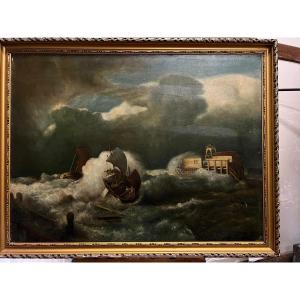 Marine Tempete Painting 19th Century Oil On Canvas. 