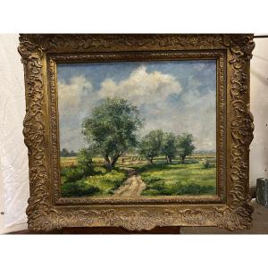 Painting Summer Landscape Signed Schwager Grimoso Dated 42, 