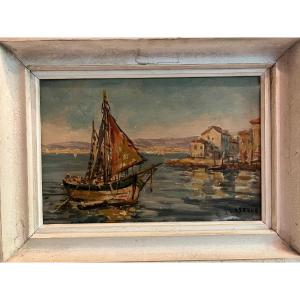 Seaside Landscape Painting Sailboats Signed Lastour Oil On Cardboard. 