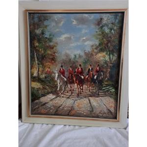 Painting Of A Hunting Court Signed Illegibly Oil On Canvas. 