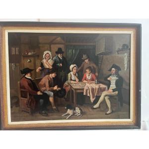 Painting Genre Scene Signed De Cock. H. 1956. Oil On Canvas.