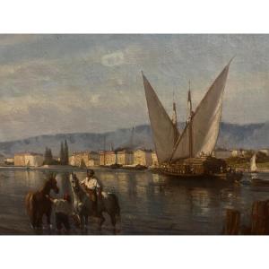 Painting Of An Animated Lake Landscape By Alphonse Nègre, Oil On Canvas, 19th Century. 
