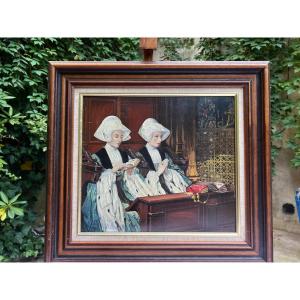 Breton Painting, Prient Signed L. Thevenot. Oil On Panel. 