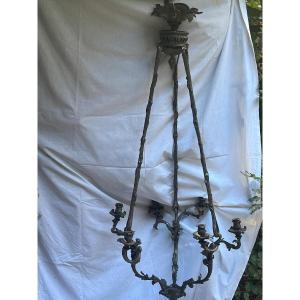19th Century Silver-plated Bronze Chandelier In Its Original Condition, 6 Candles, Never Electrified, To Be Restored. 