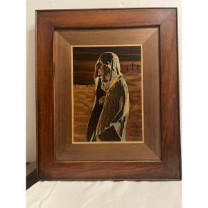 Rare Wood Marquetry Painting With Beautiful 19th Century Frame. 