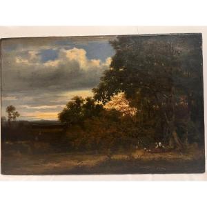 Painting Animated Forest Landscape Signed Lower Right, Alexandre Longuet 19th Oil On Canvas. 