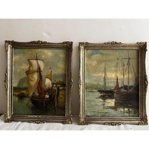 Two Marine Paintings Sailboat At The Quay, One Signed Lower Left. 