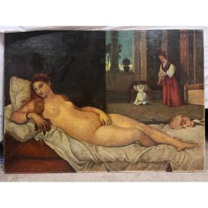 Painting Of A Naked Woman On Her Bed Serving Her In The Background On Canvas Small Accident. 