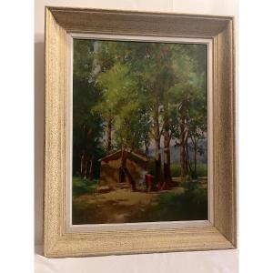 Landscape Painting With Animated Little House Signed, Léo Kalmuus 31.