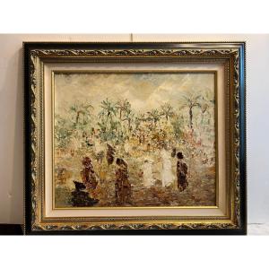 Orientalist Painting Palm Tree And Djellaba Signed Anmary