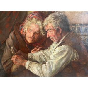 Lithuanian School Painting Signed Illegibly A Man Proving To His Wife That He Was Handsome. 