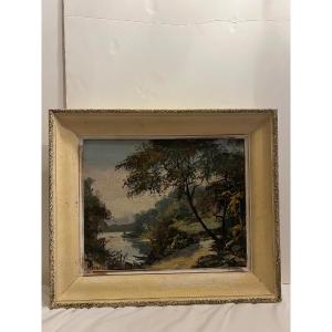 Lakeside Landscape Painting Signed Illegibly Oil On Canvas. 
