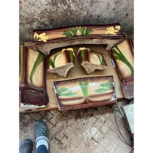 Rare Fireplace From The Vitry-le-françois Factory, Polyphonic Ceramic With Sunflower Decoration.