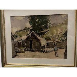 Painting Landscape Of Martinique Signed, Pierre Bompard 02-1956, Watercolor On Paper.