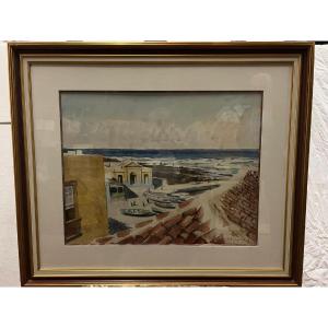 Painting View Of The Port Of Madagascar, Signed Pierre Bompard, 1890-1962, Watercolor On Paper.
