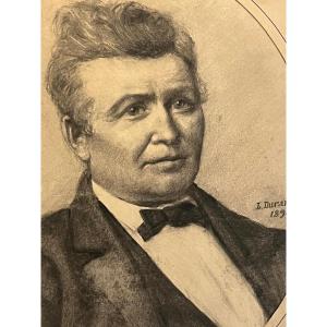Painting Portrait Of A Man Signed, L. Durand 1890, Charcoal On Paper.