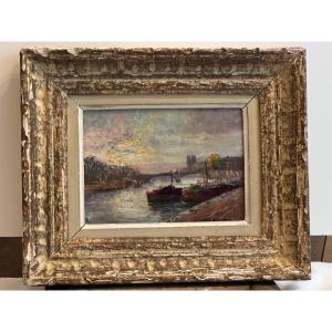 Painting The Seine Notre-dame In The Distance, Signed Illegibly Oil On Wood Beautiful Frame. 